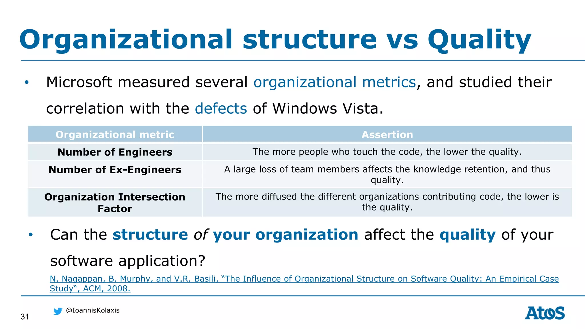 31
@IoannisKolaxis
• Microsoft measured several organizational metrics, and studied their
correlation with the defects of Windows Vista.
Organizational structure vs Quality
Organizational metric Assertion
Number of Engineers The more people who touch the code, the lower the quality.
Number of Ex-Engineers A large loss of team members affects the knowledge retention, and thus
quality.
Organization Intersection
Factor
The more diffused the different organizations contributing code, the lower is
the quality.
N. Nagappan, B. Murphy, and V.R. Basili, “The Influence of Organizational Structure on Software Quality: An Empirical Case
Study“, ACM, 2008.
• Can the structure of your organization affect the quality of your
software application?
 