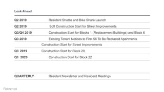 Q2 2019 Resident Shuttle and Bike Share Launch
Q2 2019 Soft Construction Start for Street Improvements
Q3/Q4 2019 Construction Start for Blocks 1 (Replacement Buildings) and Block 6
Q3 2019 Existing Tenant Notices to First 56 To Be Replaced Apartments
Construction Start for Street Improvements
Q3 2019 Construction Start for Block 20
Q1 2020 Construction Start for Block 22
QUARTERLY Resident Newsletter and Resident Meetings
Look Ahead
 