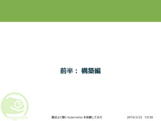 2019/2/22最近よく聞く Kubernetes を体験してみた 13/30
前半 : 構築編
 