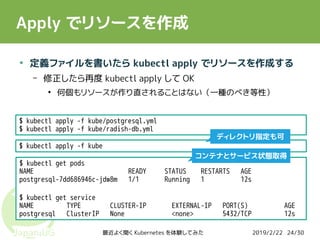 2019/2/22最近よく聞く Kubernetes を体験してみた 24/30
Apply でリソースを作成
●
定義ファイルを書いたら kubectl apply でリソースを作成する
– 修正したら再度 kubectl apply して OK
●
何個もリソースが作り直されることはない（一種のべき等性）
$ kubectl apply -f kube/postgresql.yml
$ kubectl apply -f kube/radish-db.yml
$ kubectl apply -f kube
$ kubectl get pods
NAME                          READY     STATUS    RESTARTS   AGE
postgresql-7dd686946c-jdw8m   1/1       Running   1          12s
$ kubectl get service
NAME         TYPE        CLUSTER-IP       EXTERNAL-IP   PORT(S)          AGE
postgresql   ClusterIP   None             <none>        5432/TCP         12s
ディレクトリ指定も可
コンテナとサービス状態取得
 