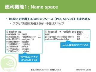 2019/2/22最近よく聞く Kubernetes を体験してみた 25/30
便利機能1: Name space
●
Radishで使用する k8s のリソース（Pod, Service）をまとめる
– アクセス制御にも使えるが…今回はスキップ
$ docker ps
CONTAINER ID IMAGE ...
852e3e9d0756 radish:master ...
e03bc13bf859 postgres:10
92ad9078be0e busybox
1215054fd637 registry
ac74b987a567 portus
3ef7fb2aa6ce jenkins
13f540dad13f redmine
$ kubectl -n radish get pods
NAME READY ...
postgresql-c9cc48968-k8wfn 1/1 ...
radish-d7554c44b-lb9rr 1/1
色々なコンテナが
たくさん出てくる
radish 関連のコンテナのみ
 