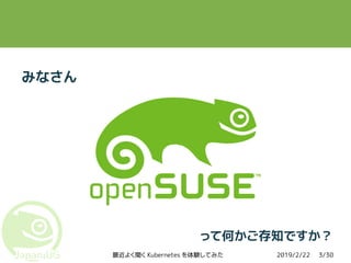 2019/2/22最近よく聞く Kubernetes を体験してみた 3/30
みなさん
って何かご存知ですか？
 