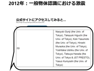 2012年：一般物体認識における激震
公式サイトにアクセスしてみると…
1st team w/ DL
Error rate: 15%
2nd team w/o DL
Error rate: 26%
[http://image-net.org/challenges/LSVRC/2012/results.html]
 