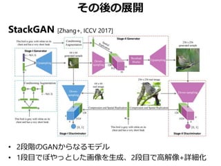 その後の展開
StackGAN [Zhang+, ICCV 2017]
• 2段階のGANからなるモデル
• 1段目でぼやっとした画像を生成、2段目で高解像+詳細化
 