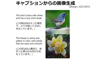 キャプションからの画像生成
This bird is blue with white
and has a very short beak.
(この鳥は白の入った青色
で、とても短いくちばし
をもっています。)
This flower is white and
yellow in color, with petals
that are wavy and smooth.
(この花は白と黄色で、波
打った滑らかな花びらを
もっています。)
[Zhang+, ICCV 2017]
 