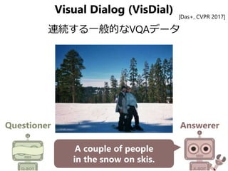 Visual Dialog (VisDial)
連続する一般的なVQAデータ
Questioner Answerer
A couple of people
in the snow on skis.
[Das+, CVPR 2017]
 