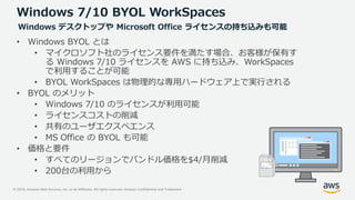 © 2019, Amazon Web Services, Inc. or its Affiliates. All rights reserved. Amazon Confidential and Trademark
Windows 7/10 BYOL WorkSpaces
• Windows BYOL とは
• マイクロソフト社のライセンス要件を満たす場合、お客様が保有す
る Windows 7/10 ライセンスを AWS に持ち込み、WorkSpaces
で利用することが可能
• BYOL WorkSpaces は物理的な専用ハードウェア上で実行される
• BYOL のメリット
• Windows 7/10 のライセンスが利用可能
• ライセンスコストの削減
• 共有のユーザエクスペエンス
• MS Office の BYOL も可能
• 価格と要件
• すべてのリージョンでバンドル価格を$4/月削減
• 200台の利用から
Windows デスクトップや Microsoft Office ライセンスの持ち込みも可能
 