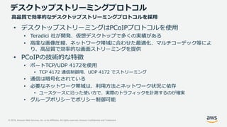 © 2019, Amazon Web Services, Inc. or its Affiliates. All rights reserved. Amazon Confidential and Trademark
• デスクトップストリーミングはPCoIPプロトコルを使用
• Teradici 社が開発、仮想デスクトップで多くの実績がある
• 高度な画像圧縮、ネットワーク帯域に合わせた最適化、マルチコーデック等によ
り、高品質で効率的な画面ストリーミングを提供
• PCoIPの技術的な特徴
• ポートTCP/UDP 4172を使用
• TCP 4172 通信制御用、UDP 4172 でストリーミング
• 通信は暗号化されている
• 必要なネットワーク帯域は、利用方法とネットワーク状況に依存
• ユースケースに沿った使い方で、実際のトラフィックを計測するのが確実
• グループポリシーでポリシー制御可能
デスクトップストリーミングプロトコル
高品質で効率的なデスクトップストリーミングプロトコルを採用
 