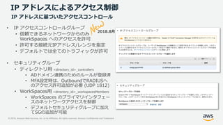 © 2019, Amazon Web Services, Inc. or its Affiliates. All rights reserved. Amazon Confidential and Trademark
IP アドレスによるアクセス制御
• IP アクセスコントロールグループ
• 信頼できるネットワークからのみ
WorkSpaces へのアクセスを許可
• 許可する接続元IPアドレス/レンジを指定
• デフォルトでは全てのトラフィックが許可
• セキュリティグループ
• ディレクトリ用 <directory_id>_controllers
• ADドメイン連携のためのルールが登録済
• MFA設定時は、OutboundでRADIUSへ
のアクセス許可追加が必要 (UDP 1812)
• WorkSpaces用 <directory_id>_workspacesMembers
• WorkSpaces のプライマリインタフェー
スのネットワークアクセスを制御
• デフォルトセキュリティグループに加え
てSGの追加が可能
IP アドレスに基づいたアクセスコントロール
2018.8月
 