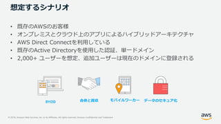 © 2019, Amazon Web Services, Inc. or its Affiliates. All rights reserved. Amazon Confidential and Trademark
想定するシナリオ
• 既存のAWSのお客様
• オンプレミスとクラウド上のアプリによるハイブリッドアーキテクチャ
• AWS Direct Connectを利用している
• 既存のActive Directoryを使用した認証、単一ドメイン
• 2,000+ ユーザーを想定、追加ユーザーは現在のドメインに登録される
合併と買収BYOD データのセキュア化モバイルワーカー
 