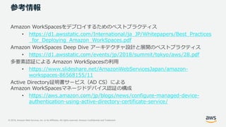 © 2019, Amazon Web Services, Inc. or its Affiliates. All rights reserved. Amazon Confidential and Trademark
参考情報
Amazon WorkSpacesをデプロイするためのベストプラクティス
• https://d1.awsstatic.com/International/ja_JP/Whitepapers/Best_Practices
_for_Deploying_Amazon_WorkSpaces.pdf
Amazon WorkSpaces Deep Dive アーキテクチャ設計と展開のベストプラクティス
• https://d1.awsstatic.com/events/jp/2018/summit/tokyo/aws/28.pdf
多要素認証による Amazon WorkSpacesの利用
• https://www.slideshare.net/AmazonWebServicesJapan/amazon-
workspaces-86568155/11
Active Directory証明書サービス（AD CS）による
Amazon WorkSpacesマネージドデバイス認証の構成
• https://aws.amazon.com/jp/blogs/news/configure-managed-device-
authentication-using-active-directory-certificate-service/
 