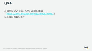 © 2019, Amazon Web Services, Inc. or its Affiliates. All rights reserved. Amazon Confidential and Trademark
Q&A
ご質問については，AWS Japan Blog
「https://aws.amazon.com/jp/blogs/news/」
にて後日掲載します
 