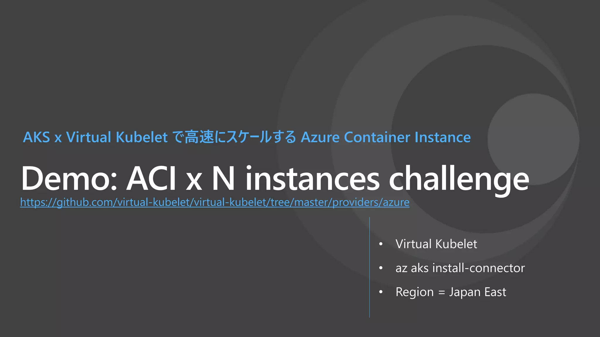 Demo: ACI x N instances challenge
AKS x Virtual Kubelet で高速にスケールする Azure Container Instance
• Virtual Kubelet
• az aks install-connector
• Region = Japan East
https://github.com/virtual-kubelet/virtual-kubelet/tree/master/providers/azure
 