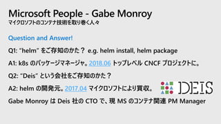 Microsoft People - Gabe Monroy
マイクロソフトのコンテナ技術を取り巻く人々
Question and Answer!
Q1: “helm” をご存知のかた？ e.g. helm install, helm package
A1: k8s のパッケージマネージャ。2018.06 トップレベル CNCF プロジェクトに。
Q2: “Deis” という会社をご存知のかた？
A2: helm の開発元。2017.04 マイクロソフトにより買収。
Gabe Monroy は Deis 社の CTO で、現 MS のコンテナ関連 PM Manager
 