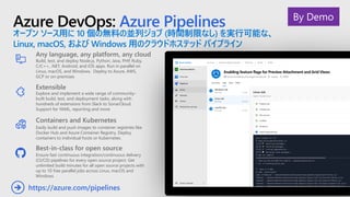 Azure DevOps: Azure Pipelines
オープン ソース用に 10 個の無料の並列ジョブ (時間制限なし) を実行可能な、
Linux, macOS, および Windows 用のクラウドホステッド パイプライン
Any language, any platform, any cloud
Build, test, and deploy Node.js, Python,  Java, PHP, Ruby,
C/C++, .NET, Android, and iOS apps. Run in parallel on
Linux, macOS, and Windows. Deploy to Azure, AWS,
GCP or on-premises
Extensible
Explore and implement a wide range of community-
built build, test, and deployment tasks, along with
hundreds of extensions from Slack to SonarCloud.
Support for YAML, reporting and more
Best-in-class for open source
Ensure fast continuous integration/continuous delivery
(CI/CD) pipelines for every open source project. Get
unlimited build minutes for all open source projects with
up to 10 free parallel jobs across Linux, macOS and
Windows
https://azure.com/pipelines➔
Containers and Kubernetes
Easily build and push images to container registries like
Docker Hub and Azure Container Registry. Deploy
containers to individual hosts or Kubernetes.
By Demo
 