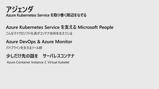 Azure Kubernetes Service を支える Microsoft People
こんなマイクロソフト社員がコンテナ技術を支えている
Azure DevOps & Azure Monitor
パイプラインを支えるツール群
少しだけ先の話を サーバレスコンテナ
Azure Container Instance と Virtual Kubelet
アジェンダ
Azure Kubernetes Service を取り巻く周辺をなぞる
 