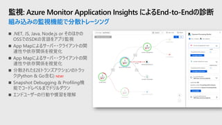 監視: Azure Monitor Application Insights によるEnd-to-Endの診断
組み込みの監視機能で分散トレーシング
NEW!
 