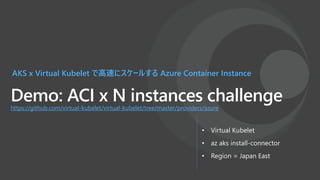 Demo: ACI x N instances challenge
AKS x Virtual Kubelet で高速にスケールする Azure Container Instance
• Virtual Kubelet
• az aks install-connector
• Region = Japan East
https://github.com/virtual-kubelet/virtual-kubelet/tree/master/providers/azure
 