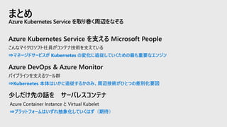 Azure Kubernetes Service を支える Microsoft People
こんなマイクロソフト社員がコンテナ技術を支えている
⇒マネージドサービスが Kubernetes の変化に追従していくための最も重要なエンジン
Azure DevOps & Azure Monitor
パイプラインを支えるツール群
⇒Kubernetes 本体はいかに追従するかのみ、周辺技術がひとつの差別化要因
少しだけ先の話を サーバレスコンテナ
Azure Container Instance と Virtual Kubelet
⇒プラットフォームはいずれ抽象化していくはず（期待）
まとめ
Azure Kubernetes Service を取り巻く周辺をなぞる
 