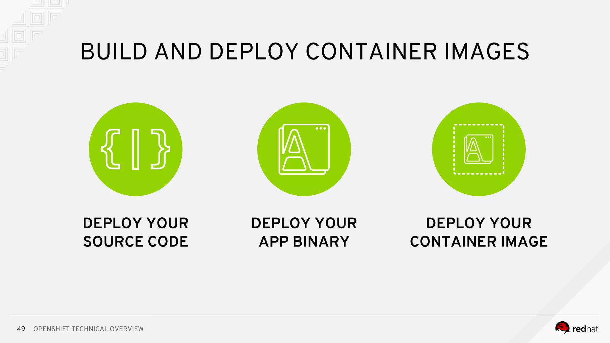 OPENSHIFT TECHNICAL OVERVIEW49
BUILD AND DEPLOY CONTAINER IMAGES
DEPLOY YOUR
SOURCE CODE
DEPLOY YOUR
CONTAINER IMAGE
DEPLOY YOUR
APP BINARY
 