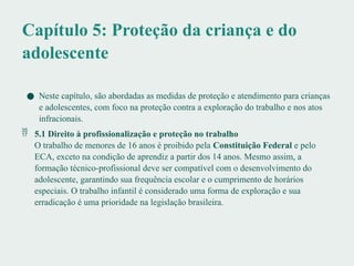 Capítulo 5: Proteção da criança e do
adolescente
● Neste capítulo, são abordadas as medidas de proteção e atendimento para crianças
e adolescentes, com foco na proteção contra a exploração do trabalho e nos atos
infracionais.
 5.1 Direito à profissionalização e proteção no trabalho
O trabalho de menores de 16 anos é proibido pela Constituição Federal e pelo
ECA, exceto na condição de aprendiz a partir dos 14 anos. Mesmo assim, a
formação técnico-profissional deve ser compatível com o desenvolvimento do
adolescente, garantindo sua frequência escolar e o cumprimento de horários
especiais. O trabalho infantil é considerado uma forma de exploração e sua
erradicação é uma prioridade na legislação brasileira.
 