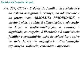 Doutrina da Proteção Integral
Art. 227, CF/88 - É dever da família, da sociedade e
do Estado assegurar à criança, ao adolescente e
ao jovem, com ABSOLUTA PRIORIDADE, o
direito à vida, à saúde, à alimentação, à educação,
ao lazer, à profissionalização, à cultura, à
dignidade, ao respeito, à liberdade e à convivência
familiar e comunitária, além de colocá-los a salvo
de toda forma de negligência, discriminação,
exploração, violência, crueldade e opressão.
 