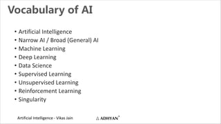 Artificial Intelligence - Vikas Jain
Vocabulary of AI
• Artificial Intelligence
• Narrow AI / Broad (General) AI
• Machine Learning
• Deep Learning
• Data Science
• Supervised Learning
• Unsupervised Learning
• Reinforcement Learning
• Singularity
 