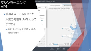 マシンラーニング
API
学習済みモデルを使った
入出力処理を API として
デプロイ
 後で、ストリーム アナリティクスの
関数から呼ぶ
114
 