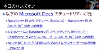 以下の Microsoft Docs のチュートリアルが元
Raspberry Pi から クラウドへ (Node.js) - Raspberry Pi の
Azure IoT Hub への接続
シミュレートした Raspberry Pi...