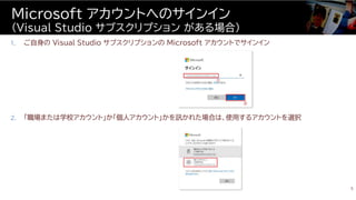1. ご自身の Visual Studio サブスクリプションの Microsoft アカウントでサインイン
2. 「職場または学校アカウント」か「個人アカウント」かを訊かれた場合は、使用するアカウントを選択
Microsoft アカウントへのサインイン
(Visual Studio サブスクリプション がある場合)
5
 