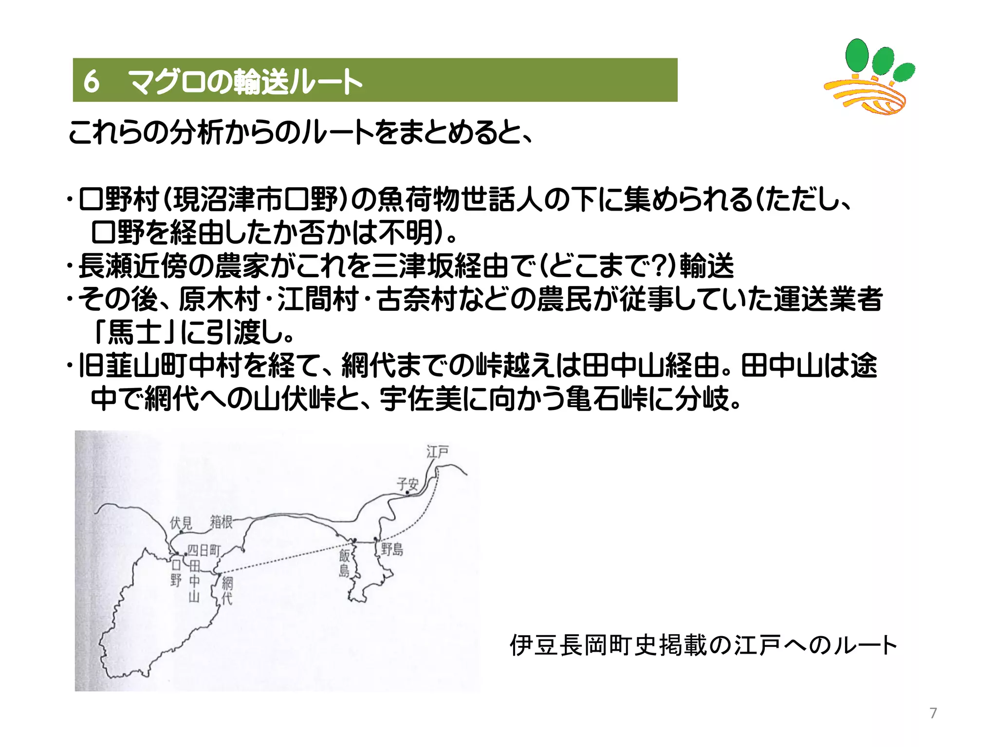 6 マグロの輸送ルート
これらの分析からのルートをまとめると、
・口野村(現沼津市口野)の魚荷物世話人の下に集められる(ただし、
口野を経由したか否かは不明)。
・長瀬近傍の農家がこれを三津坂経由で(どこまで?)輸送
・その後、原木村・江間村・古奈村などの農民が従事していた運送業者
「馬士」に引渡し。
・旧韮山町中村を経て、網代までの峠越えは田中山経由。田中山は途
中で網代への山伏峠と、宇佐美に向かう亀石峠に分岐。
7
伊豆長岡町史掲載の江戸へのルート
 