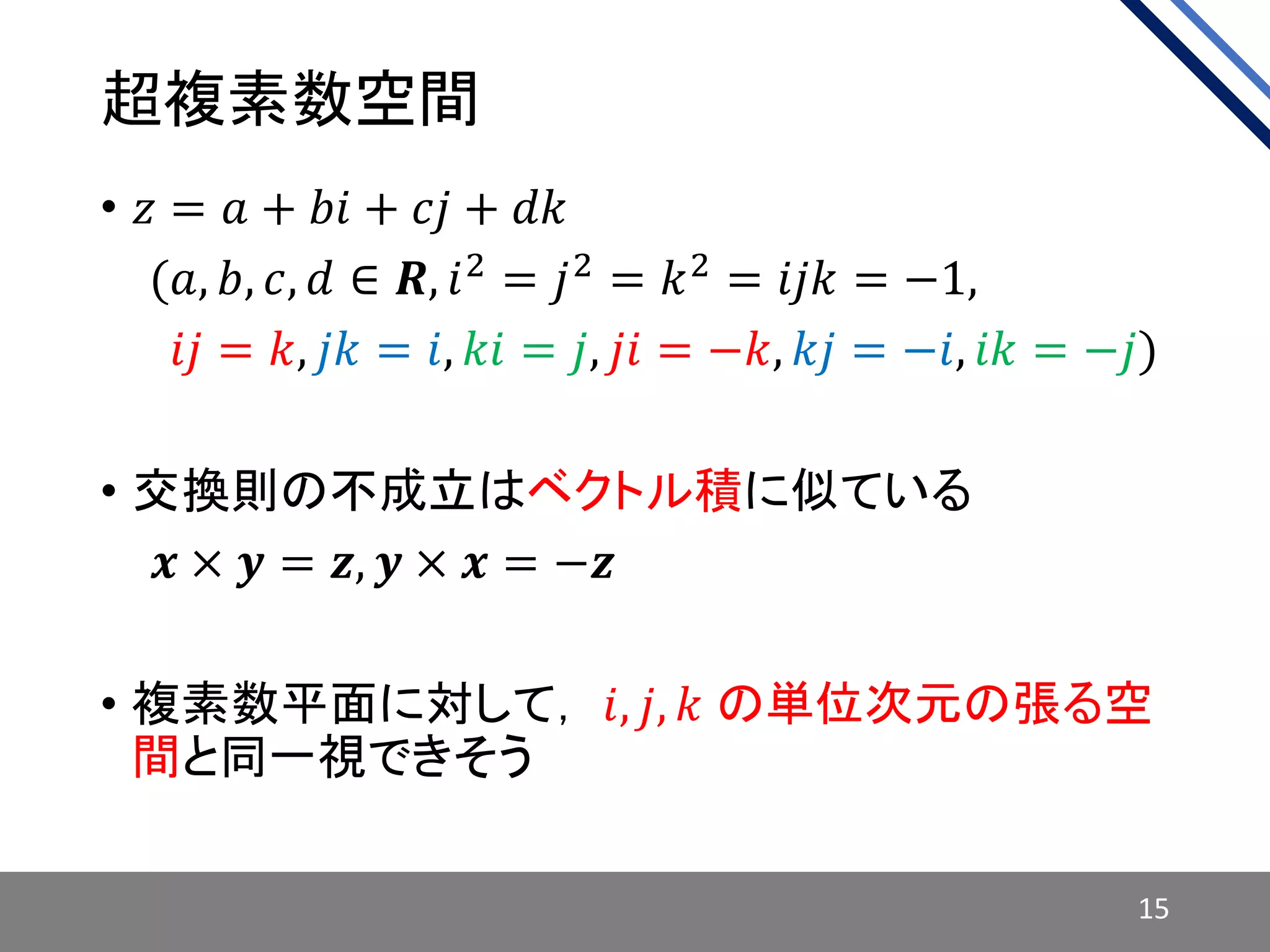 超複素数空間
• 𝑧 = 𝑎 + 𝑏𝑖 + 𝑐𝑗 + 𝑑𝑘
• 𝑖(𝑎, 𝑏, 𝑐, 𝑑 ∈ 𝑹, 𝑖2 = 𝑗2 = 𝑘2 = 𝑖𝑗𝑘 = −1,
• 𝑖(𝑖𝑗 = 𝑘, 𝑗𝑘 = 𝑖, 𝑘𝑖 = 𝑗, 𝑗𝑖 = −𝑘, 𝑘𝑗 = −𝑖, 𝑖𝑘 = −𝑗)
• 交換則の不成立はベクトル積に似ている
• 𝒊𝒙 × 𝒚 = 𝒛, 𝒚 × 𝒙 = −𝒛
• 複素数平面に対して， 𝑖, 𝑗, 𝑘 の単位次元の張る空
間と同一視できそう
15
 