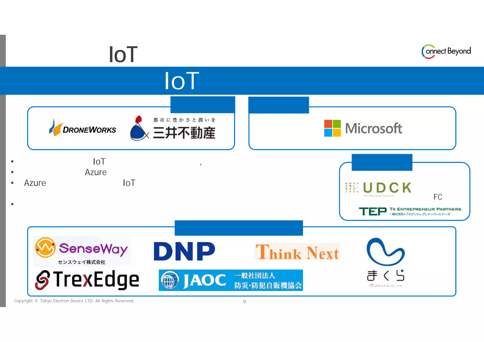 Copyright © Tokyo Electron Device LTD. All Rights Reserved. 9
柏の葉IoTビジネス共創ラボ
幹事 事務局
• 柏の葉を拠点としたIoTビジネスに関心の高い企業,個人等によるコミュニティ醸成
• マイクロソフト社のAzureの活用と、その最先端技術や先進事例等の情報共有
• AzureをプラットフォームとしたIoTプロジェクトの事業化支援、まちでの実証実験・実装支援、
地域課題の解決
• 柏の葉におけるまちの課題解決、コンテンツ醸成、その他まちづくりへの寄与
参加企業
地域版 IoT ビジネス共創ラボ
運営協力
柏市
商工振興課
東大FC
 