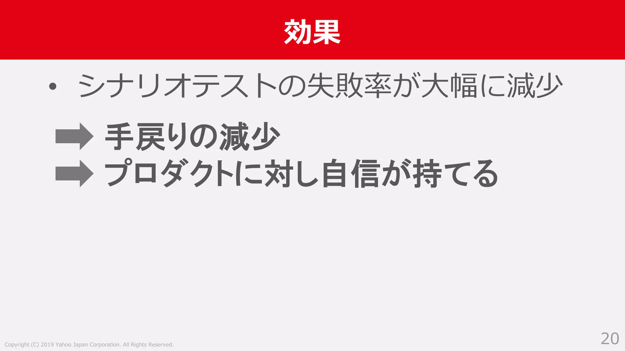 Copyright (C) 2019 Yahoo Japan Corporation. All Rights Reserved.
効果
20
• シナリオテストの失敗率が大幅に減少
手戻りの減少
プロダクトに対し自信が持てる
 