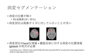 䥻Ʃ`
? λä
? ) ×[ (त)
? 䲿λϻ񥵥ˌСȤत
? 䲿λlocal + Ġȫˌ벡λ
(global) ΁IҪ
K. Kamnitsas et al., Efficient multi-scale 3D CNN with fully connected CRF for accurate brain lesion segmentation,
Medical Image Segmentation (2017)
 