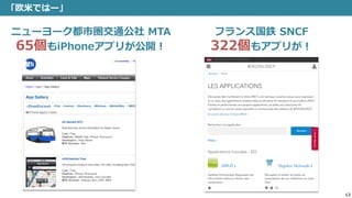 12
「欧米ではー」
ニューヨーク都市圏交通公社 MTA
65個もiPhoneアプリが公開！
フランス国鉄 SNCF
322個もアプリが！
 