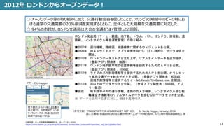 13
2012年 ロンドンからオープンデータ！
（参考文献）TRANSPORT FOR LONDON GET SET, GO! By Becky Hogge, Janualy, 2016
国土交通省「英国政府における交通分野のオープンデータの取り組みについて(海外現地調査報告)」 等
○ オープンデータ等の取り組みに加え、交通行動変容を促したことで、オリンピック期間中のピーク時にお
ける通常の交通需要の20%削減を実現するとともに、全体として大規模な交通需要に対応した。
○ 94%の市民が、ロンドン交通局は大会の交通をうまく管理したと回答。
ロンドン交通局（ＴｆＬ：鉄道、地下鉄、トラム、バス、ゴンドラ、旅客船、道
路網、レンタサイクル等を運営管理）の取り組み
■2007年 運行情報、路線図、経路検索に関するウィジェットを公開。
■2009年 Ｗｅｂサイト上で、アプリ開発者向けに（主に静的な）データ提供を
開始。
■2010年 ロンドンデータストアを立ち上げ、リアルタイムデータを追加提供。
（登録アプリ開発者：数百）
■2011年 ロンドン地下鉄車両の位置情報等を提供するためのＡＰＩを公開。
（登録アプリ開発者：1000超）
■2012年 ライブのバス到着情報等を提供するためのＡＰＩを公開。オリンピッ
ク専用交通データ統合サイトを公開。（登録アプリ開発者：4000超）
混雑予測情報等を提供するサイトGetAheadoftheGames.com.を開設。
■2013年 30以上のデータセットを公開。 （登録アプリ開発者：5000超、アプ
リ：数百）
■現在 地下鉄やバスの運行情報、道路のカメラ映像、レンタサイクル及び駐
輪場空き情報等のリアルタイムデータを含む62のデータセットを公開。
※ データを活用する者に対し、登録を義務付け。
アプリ：Citymapper
地下鉄がストライキ等による運行
休止時でも、目的地まで、レンタ
サイクルや、バス、鉄道と組合せた
回避手段を調べられる。
内閣官房 データ流通環境整備検討会 オープンデータWG
https://www.kantei.go.jp/jp/singi/it2/senmon_bunka/data_ryutsuseibi/opendata_wg_dai1/gijisidai.html
 