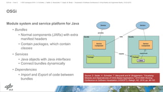 OSGi
Module system and service platform for Java
• Bundles
• Normal components (JARs) with extra
manifest headers
• Contain packages, which contain
classes
• Services
• Java objects with Java interfaces
• Connect bundles dynamically
• Dependencies
• Import and Export of code between
bundles
> IEEE Aerospace 2019 > A. Schreiber, L. Nafeie, A. Baranowski, P. Seipel, M. Misiak • Visualization of Software Architectures in Virtual Reality and Augmented Reality > 03.03.2019DLR.de • Chart 5
Source: D. Seider, A. Schreiber, T. Marquardt and M. Brüggemann, "Visualizing
Modules and Dependencies of OSGi-Based Applications," 2016 IEEE Working
Conference on Software Visualization (VISSOFT), Raleigh, NC, 2016, pp. 96-100.
 