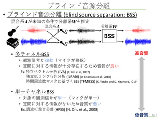 低音質
高音質
• ブラインド音源分離 (blind source separation: BSS)
混合系 が未知の条件で分離系 を推定
• 多チャネルBSS
• 観測信号が複数（マイクが複数）
• 空間に対する情報が十分存在するため音質が良い
• 単一チャネルBSS
• 対象の観測信号が単一（マイクが単一）
• 空間に対する情報がないため音質が悪い
ブラインド音源分離
3/17
BSS
混合系 分離系
Ex. 独立ベクトル分析 (IVA) [T. Kim et al, 2007]
独立低ランク行列分析 (ILRMA) [D. Kitamura et al., 2018]
時間周波数マスクに基づくBSS (TFMBSS) [K. Yatabe and D. Kitamura, 2019]
Ex. 調波打撃音分離 (HPSS) [N. Ono et al., 2008]
 
