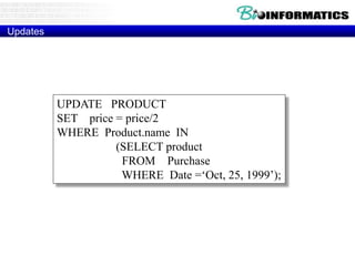Updates
UPDATE PRODUCT
SET price = price/2
WHERE Product.name IN
(SELECT product
FROM Purchase
WHERE Date =‘Oct, 25, 1999’);
Example:
 