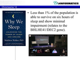 Chromsome 12
• Less than 1% of the population is
able to survive on six hours of
sleep and show minimal
impairment (relates to the
BHLHE41/DEC2 gene).
 
