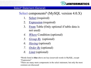 Selecta Statement (General)
Select componentsb (MySQL version 4.0.X)
1. Select (required)
2. Expression (required)
3. From Table (Only optional if table data is
not used)
4. Where Condition (optional)
5. Group By (optional)
6. Having (optional)
7. Order By (optional)
8. Limit (optional)
aWords listed in blue above are key (reserved) words in MySQL, except
“Expression”
bThere are many more components in the select statement, but only the most
common are discussed
 