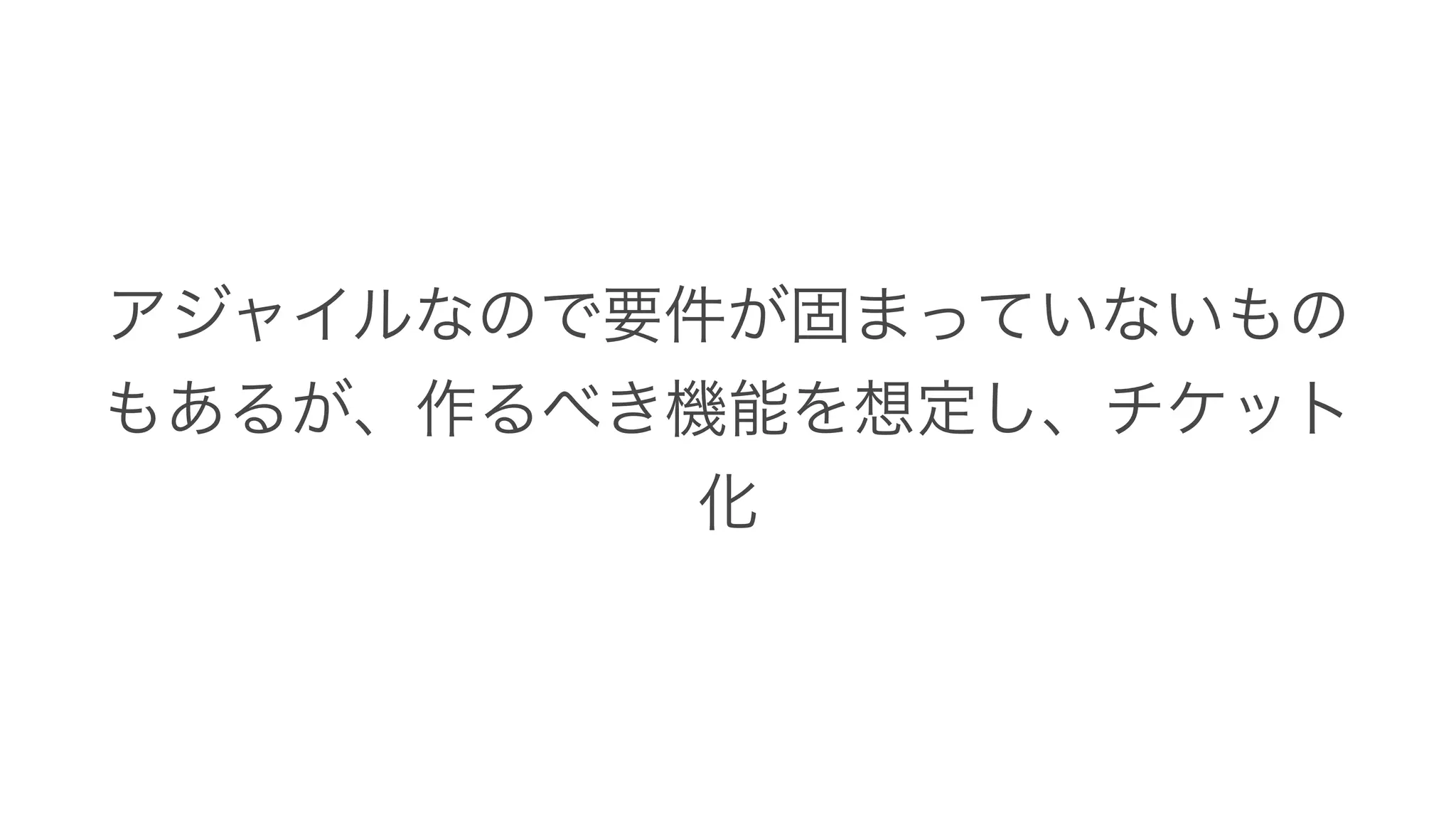 アジャイルなので要件が固まっていないもの
もあるが、作るべき機能を想定し、チケット
化
 