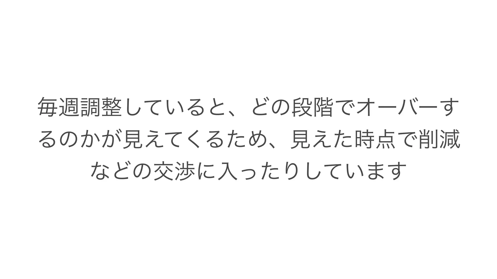 毎週調整していると、どの段階でオーバーす
るのかが見えてくるため、見えた時点で削減
などの交渉に入ったりしています
 