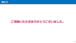 終わり
20
ご清聴いただきありがとうございました。
 