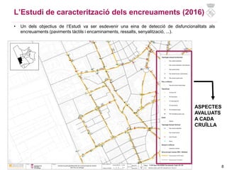 8
L’Estudi de caracterització dels encreuaments (2016)
ASPECTES
AVALUATS
A CADA
CRUÏLLA
• Un dels objectius de l’Estudi va ser esdevenir una eina de detecció de disfuncionalitats als
encreuaments (paviments tàctils i encaminaments, ressalts, senyalització, ...).
 