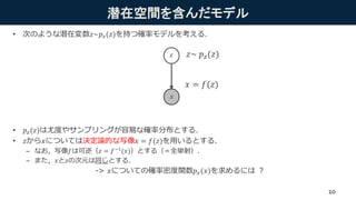 潜在空間を含んだモデル
• 次のような潜在変数𝑧~𝑝 𝑧(𝑧)を持つ確率モデルを考える．
• 𝑝𝑧(𝑧)は尤度やサンプリングが容易な確率分布とする．
• 𝑧から𝑥については決定論的な写像𝑥 = 𝑓(𝑧)を用いるとする．
– なお，写像𝑓は可逆（𝑧 = 𝑓−1
(𝑥)）とする（＝全単射）．
– また，𝑥と𝑧の次元は同じとする．
-> 𝑥についての確率密度関数𝑝 𝑥(𝑥)を求めるには ？
𝑥
𝑧
𝑥 = 𝑓(𝑧)
𝑧~ 𝑝 𝑧(𝑧)
10
 