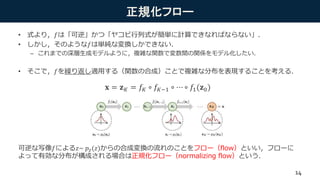 正規化フロー
• 式より，𝑓は「可逆」かつ「ヤコビ行列式が簡単に計算できなればならない」．
• しかし，そのような𝑓は単純な変換しかできない．
– これまでの深層生成モデルように，複雑な関数で変数間の関係をモデル化したい．
• そこで，𝑓を繰り返し適用する（関数の合成）ことで複雑な分布を表現することを考える．
可逆な写像𝑓による𝑧~ 𝑝 𝑧(𝑧)からの合成変換の流れのことをフロー（flow）といい，フローに
よって有効な分布が構成される場合は正規化フロー（normalizing flow）という．
𝐱 = 𝐳 𝐾 = 𝑓𝐾 ∘ 𝑓𝐾−1 ∘ ⋯ ∘ 𝑓1(𝐳0)
14
 