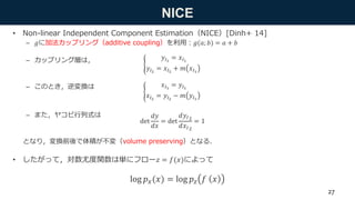 NICE
• Non-linear Independent Component Estimation（NICE）[Dinh+ 14]
– 𝑔に加法カップリング（additive coupling）を利用：𝑔(𝑎; 𝑏) = 𝑎 + 𝑏
– カップリング層は，
– このとき，逆変換は
– また，ヤコビ行列式は
となり，変換前後で体積が不変（volume preserving）となる．
• したがって，対数尤度関数は単にフロー𝑧 = 𝑓(𝑥)によって
𝑦𝐼1
= 𝑥𝐼1
𝑦𝐼2
= 𝑥𝐼2
+ 𝑚 𝑥𝐼1
𝑥𝐼1
= 𝑦𝐼1
𝑥𝐼2
= 𝑦𝐼2
− 𝑚 𝑦𝐼1
det
𝑑𝑦
𝑑𝑥
= det
𝑑𝑦𝐼2
𝑑𝑥𝐼2
= 1
log 𝑝 𝑥(𝑥) = log 𝑝 𝑧 𝑓 𝑥
27
 