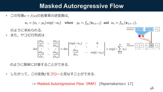 Masked Autoregressive Flow
• この写像𝑥 = 𝑓(𝑢)の各要素の逆変換は，
のように求められる．
• また，ヤコビ行列式は
のように簡単に計算することができる．
• したがって，この変換𝑓をフローと見なすことができる．
-> Masked Autoregressive Flow（MAF） [Papamakarios+ 17]
det
𝑑𝑢1
𝑑𝑥1
⋯
𝑑𝑢1
𝑑𝑥 𝐷
⋮ ⋱ ⋮
𝑑𝑢 𝐷
𝑑𝑥1
⋯
𝑑𝑢 𝐷
𝑑𝑥 𝐷
= det
exp(−𝛼1) ⋯ 0
⋮ ⋱ ⋮
𝑑𝑢 𝐷
𝑑𝑥1
⋯ exp(−𝛼 𝐷)
= exp(−
𝑖=1
𝐷
𝛼𝑖)
46
 